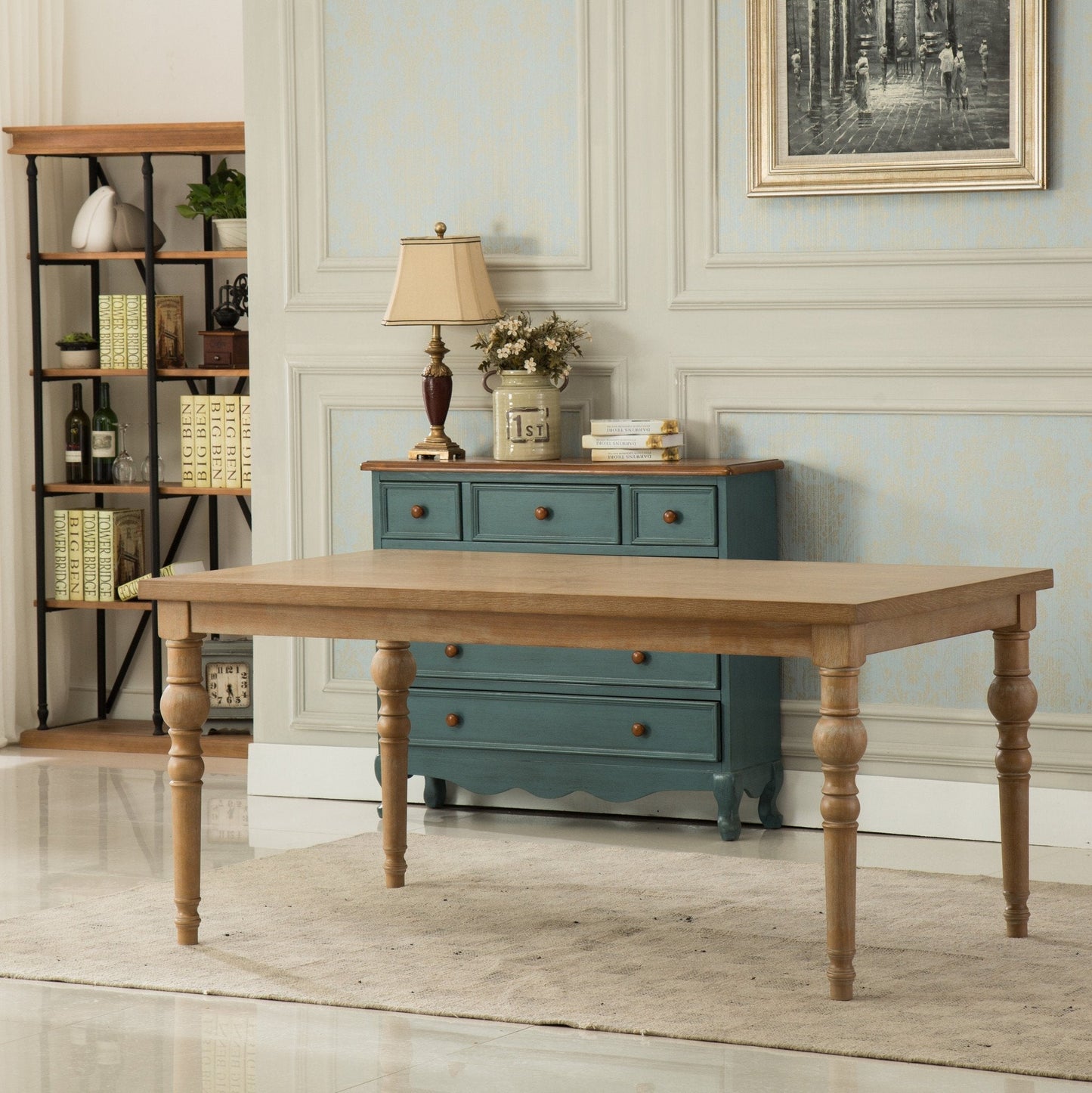 Habitanian Solid Wood Dining Table with 6 tufted Chairs, Tan