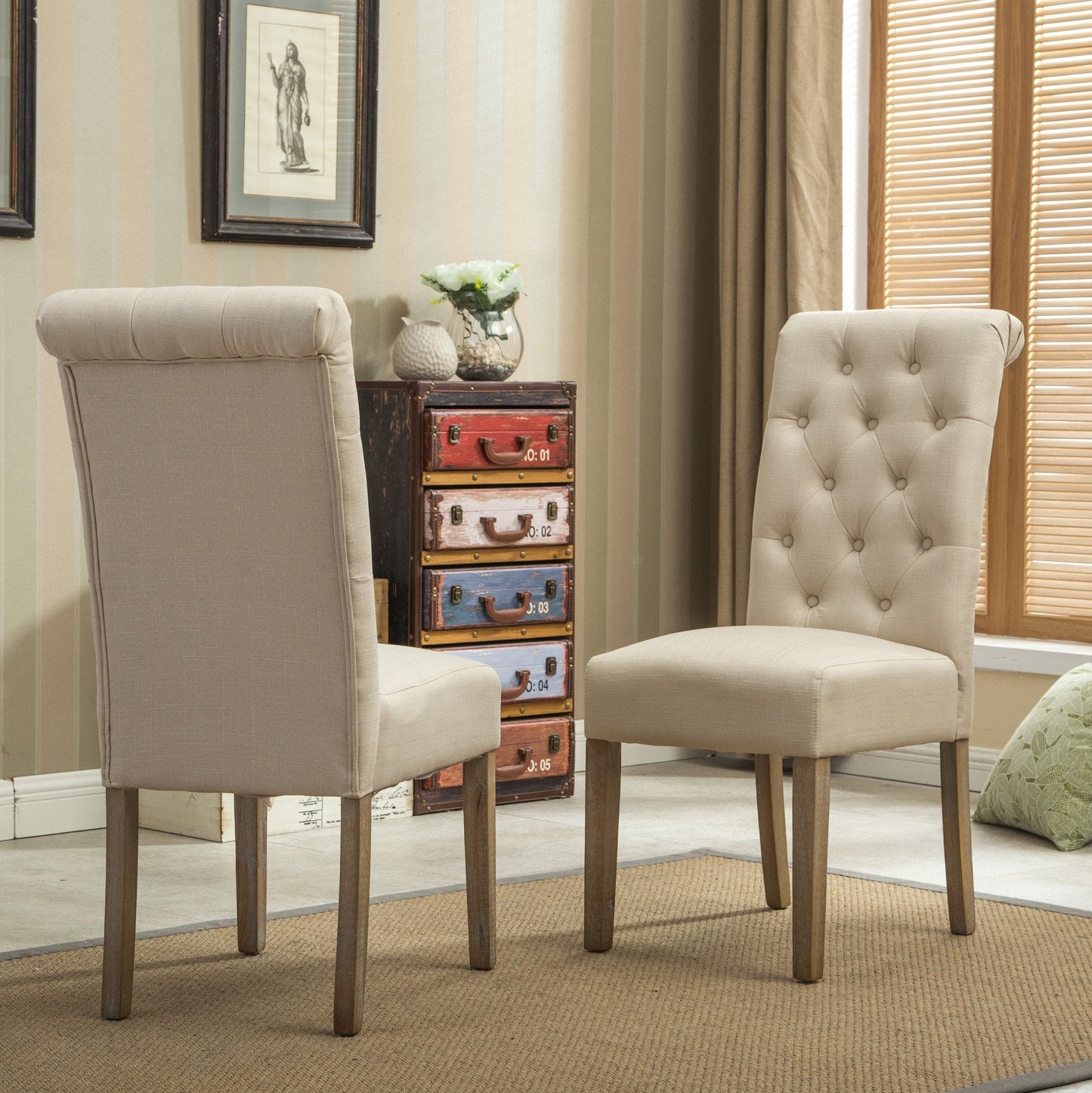 Habitanian Solid Wood Dining Table with 6 tufted Chairs, Tan