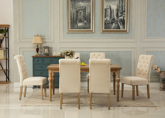 Habitanian Solid Wood Dining Table with 6 tufted Chairs, Tan