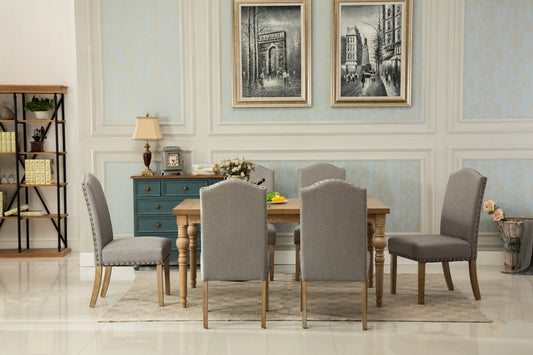 Habitanian Solid Wood Dining Table with 6 Nailhead Chairs, Gray