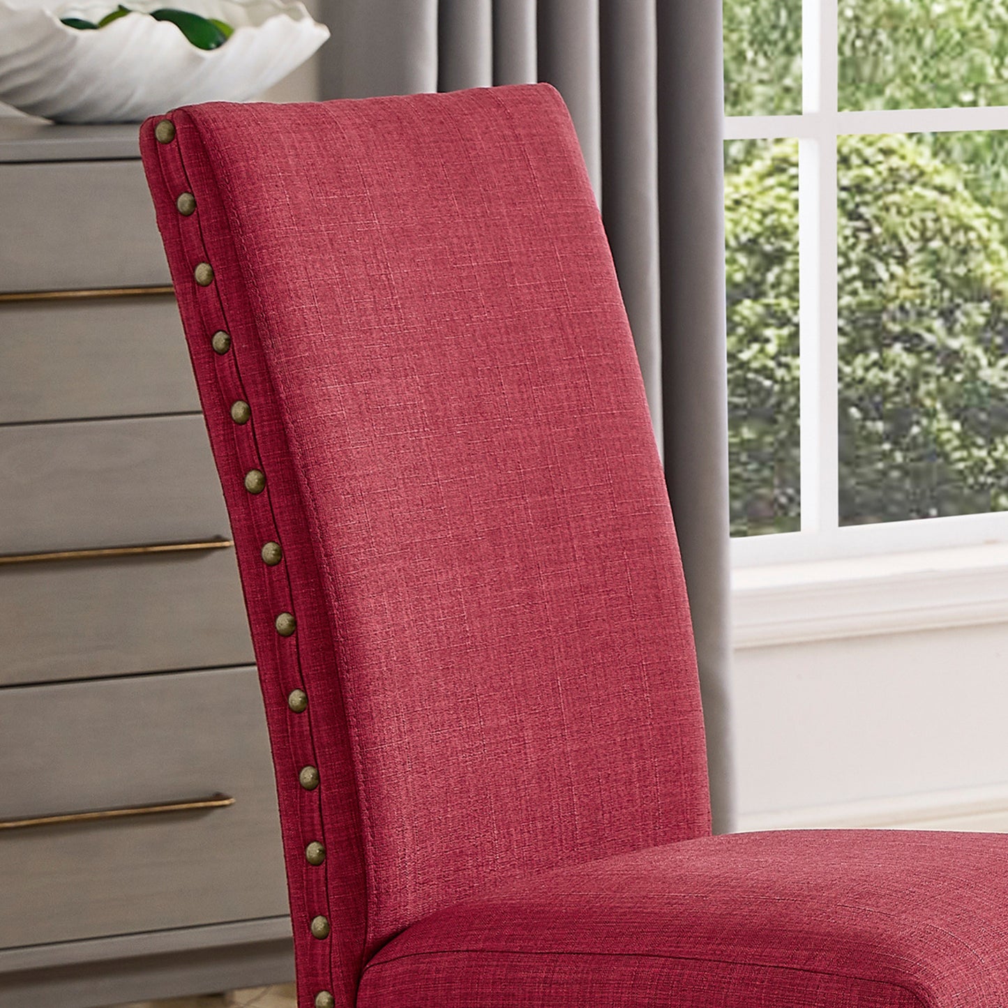 Roundhill Furniture Biony Espresso Wood Dining Set with Fabric Nailhead Chairs