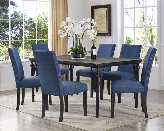 Biony 7-Piece Espresso Wood Dining Set with Blue Fabric Nail head Chairs