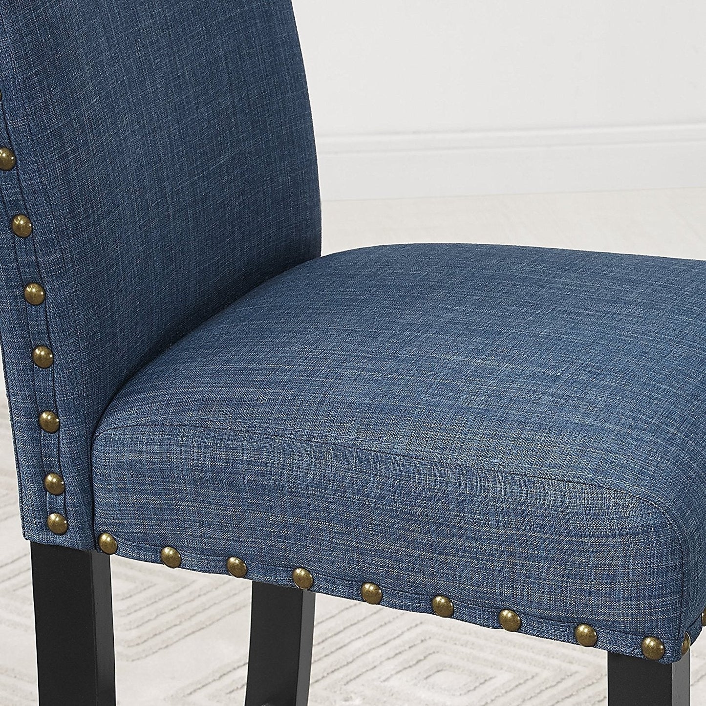 Biony 7-Piece Espresso Wood Dining Set with Blue Fabric Nail head Chairs