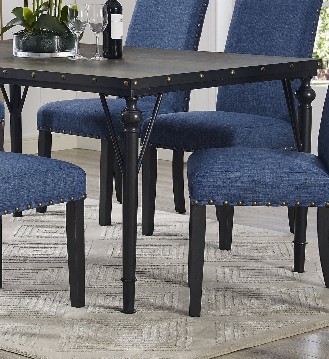 Biony 7-Piece Espresso Wood Dining Set with Blue Fabric Nail head Chairs
