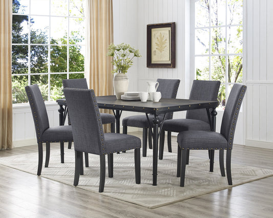 Biony 7-Piece Espresso Wood Dining Set with Gray Fabric Nail head Chairs