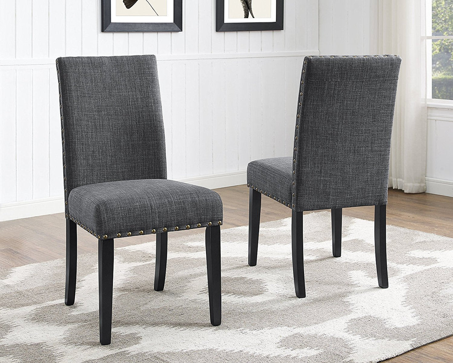 Biony 7-Piece Espresso Wood Dining Set with Gray Fabric Nail head Chairs