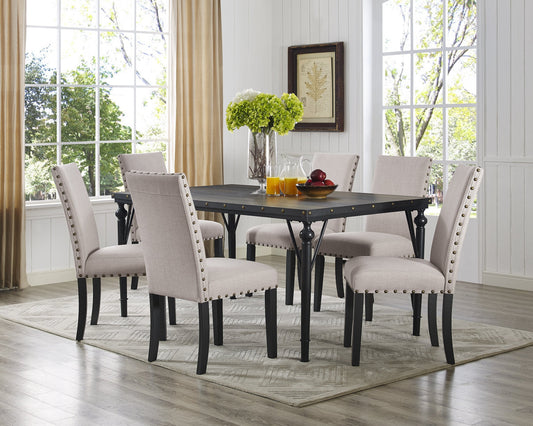 Biony 7-Piece Espresso Wood Dining Set with Tan Fabric Nail head Chairs