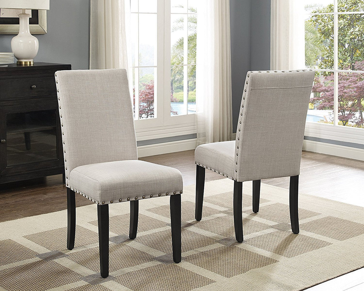 Biony 7-Piece Espresso Wood Dining Set with Tan Fabric Nail head Chairs