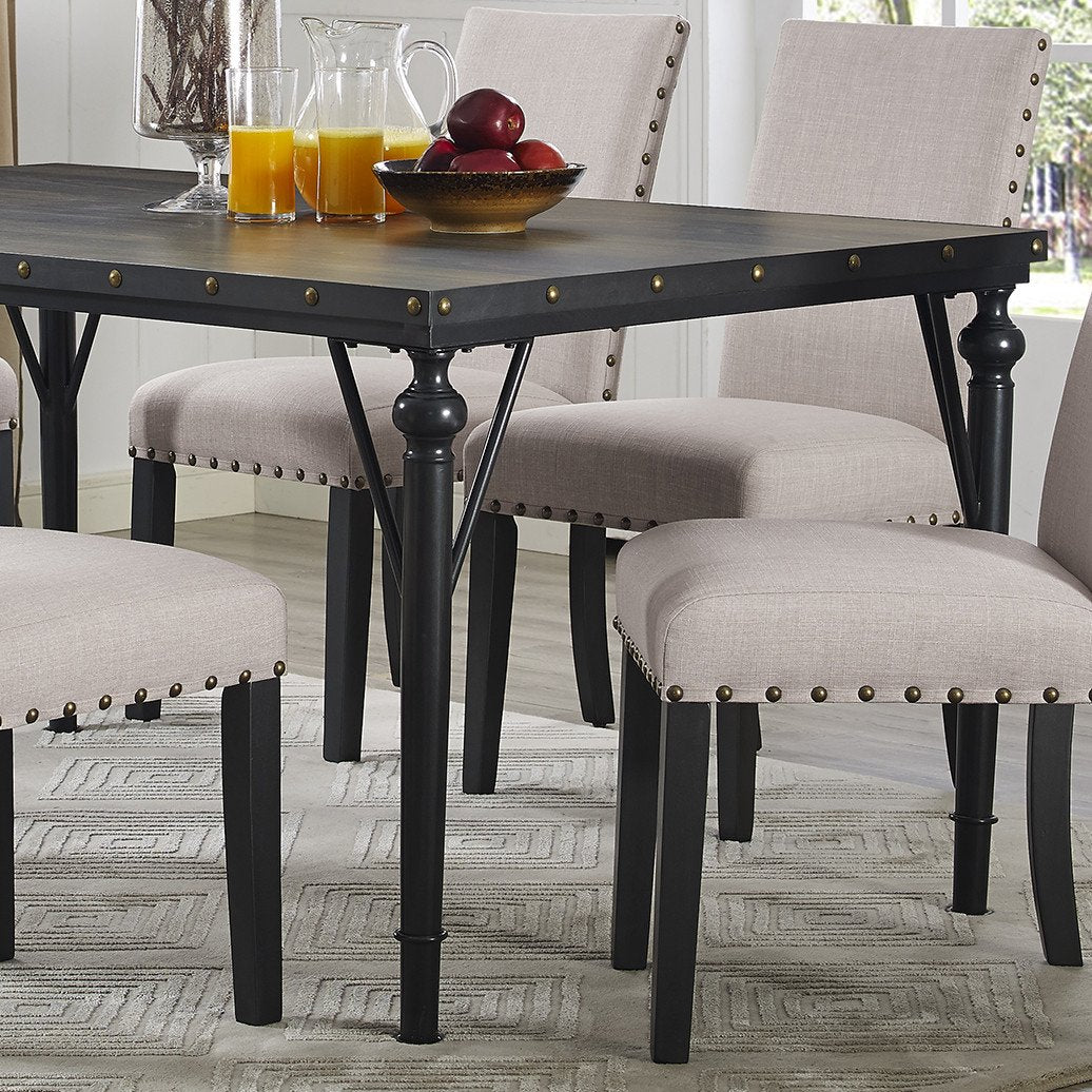 Biony 7-Piece Espresso Wood Dining Set with Tan Fabric Nail head Chairs