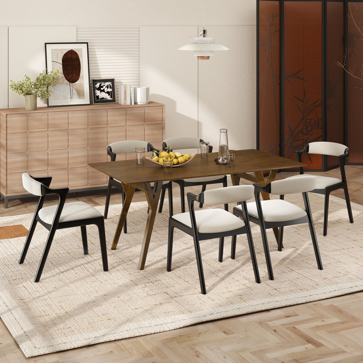 Roundhill Furniture Lavin Modern 7-Piece Dining Set, Walnut Finished Dining Table with 6 Chairs
