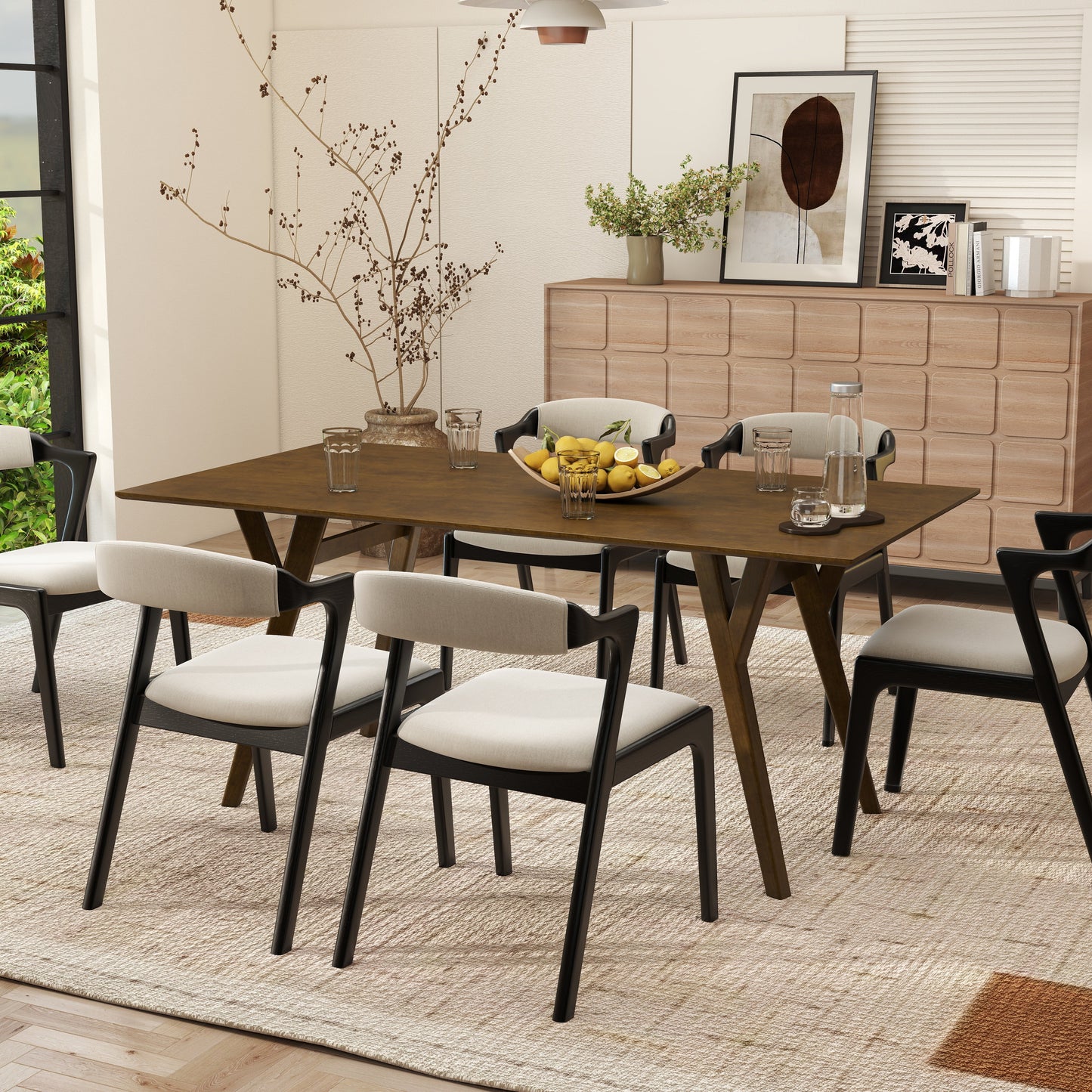Roundhill Furniture Lavin Modern 7-Piece Dining Set, Walnut Finished Dining Table with 6 Chairs