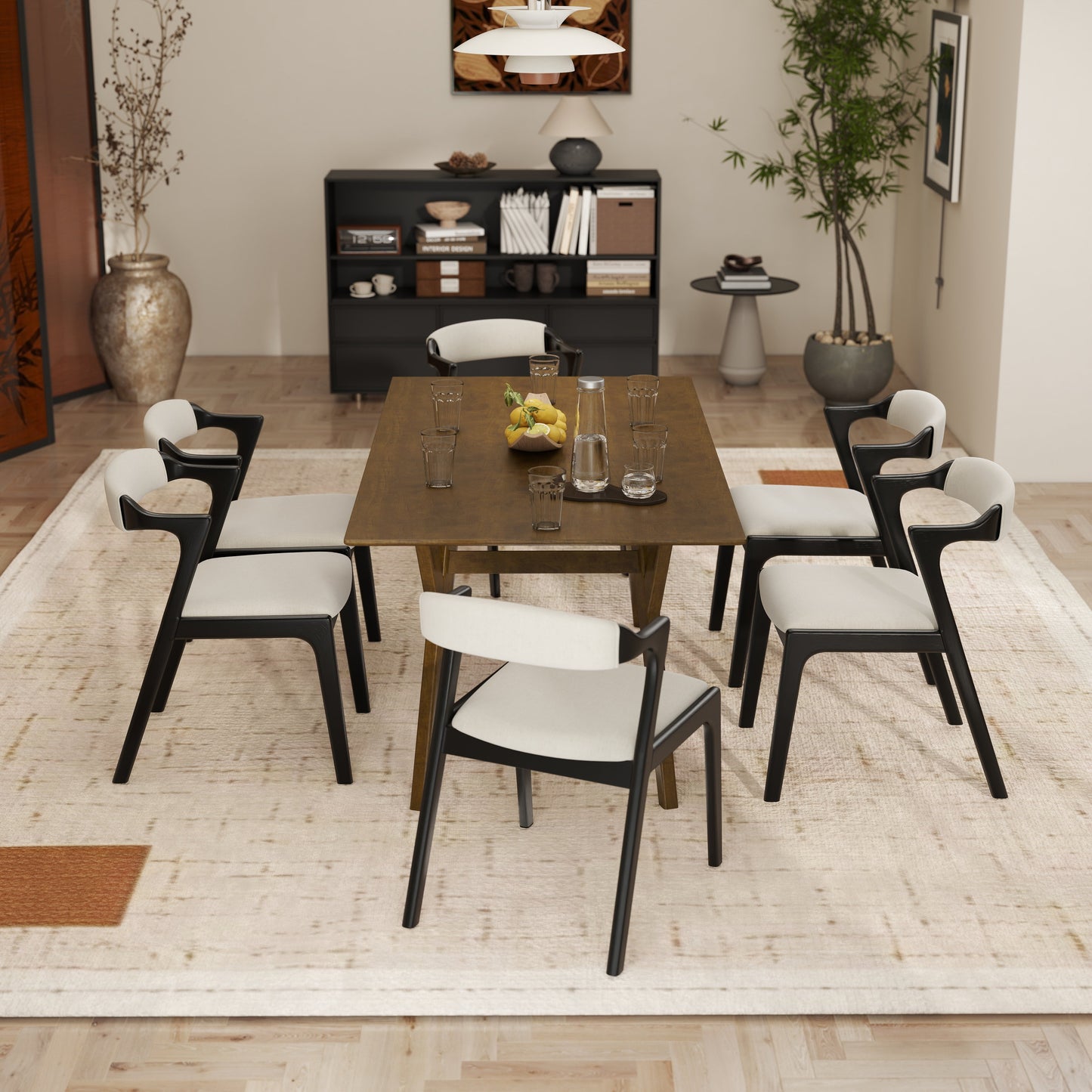 Roundhill Furniture Lavin Modern 7-Piece Dining Set, Walnut Finished Dining Table with 6 Chairs