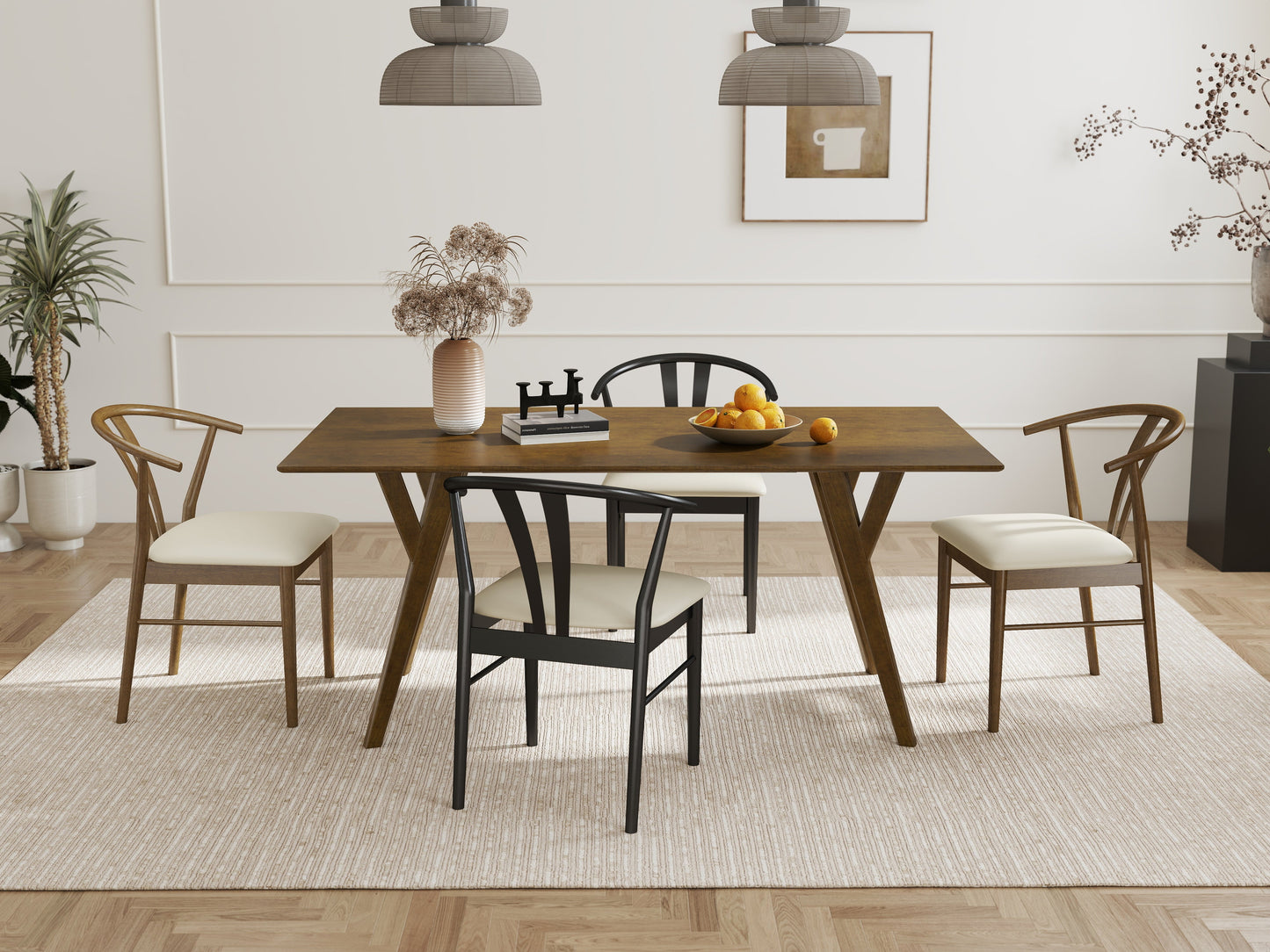 Roundhill Furniture Lavin Modern 5-Piece Dining Set, Dining Table with 2 Walnut and 2 Black Wishbone Chairs