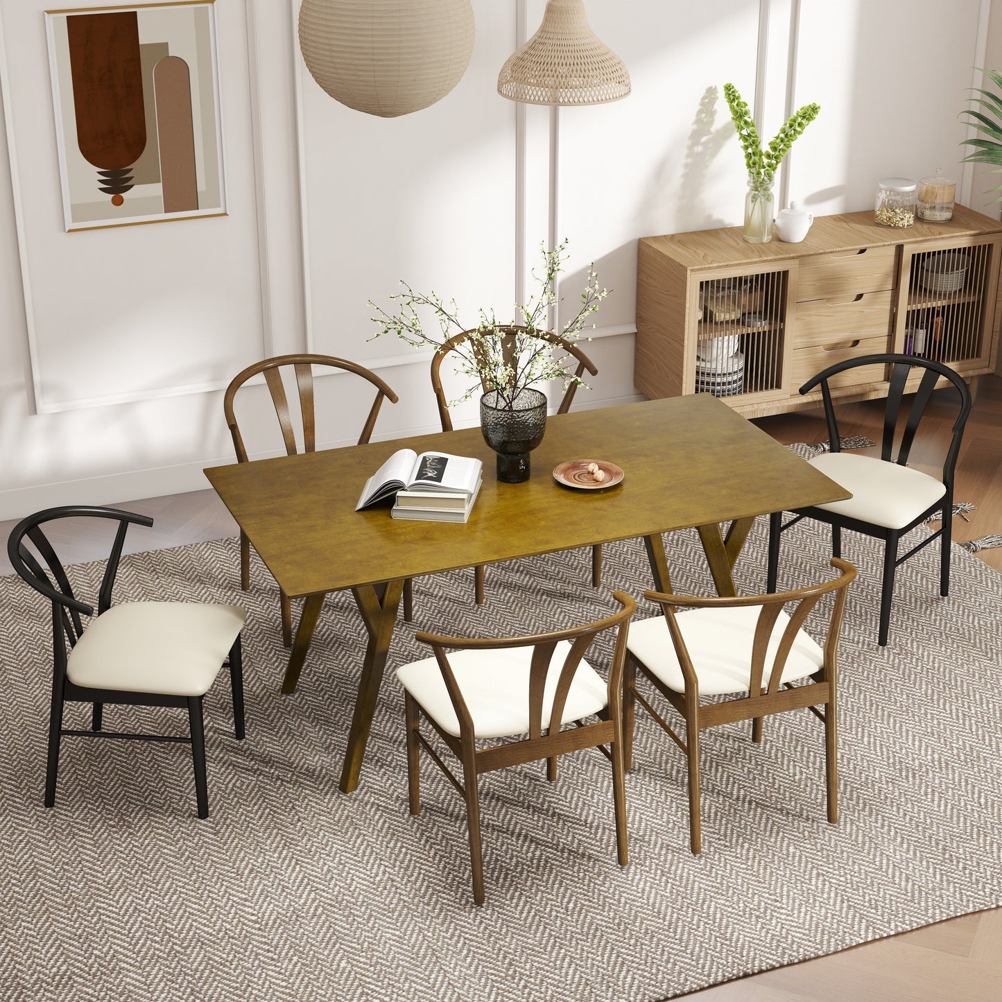 Roundhill Furniture Lavin Modern 7-Piece Dining Set, Wood Dining Table with 6 Wishbone Chairs