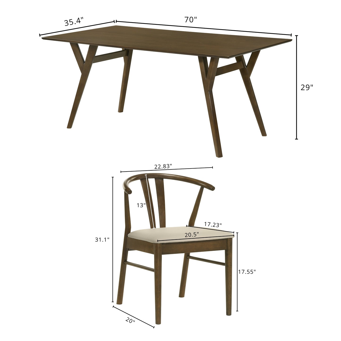 Roundhill Furniture Lavin Modern 7-Piece Dining Set, Wood Dining Table with 6 Wishbone Chairs