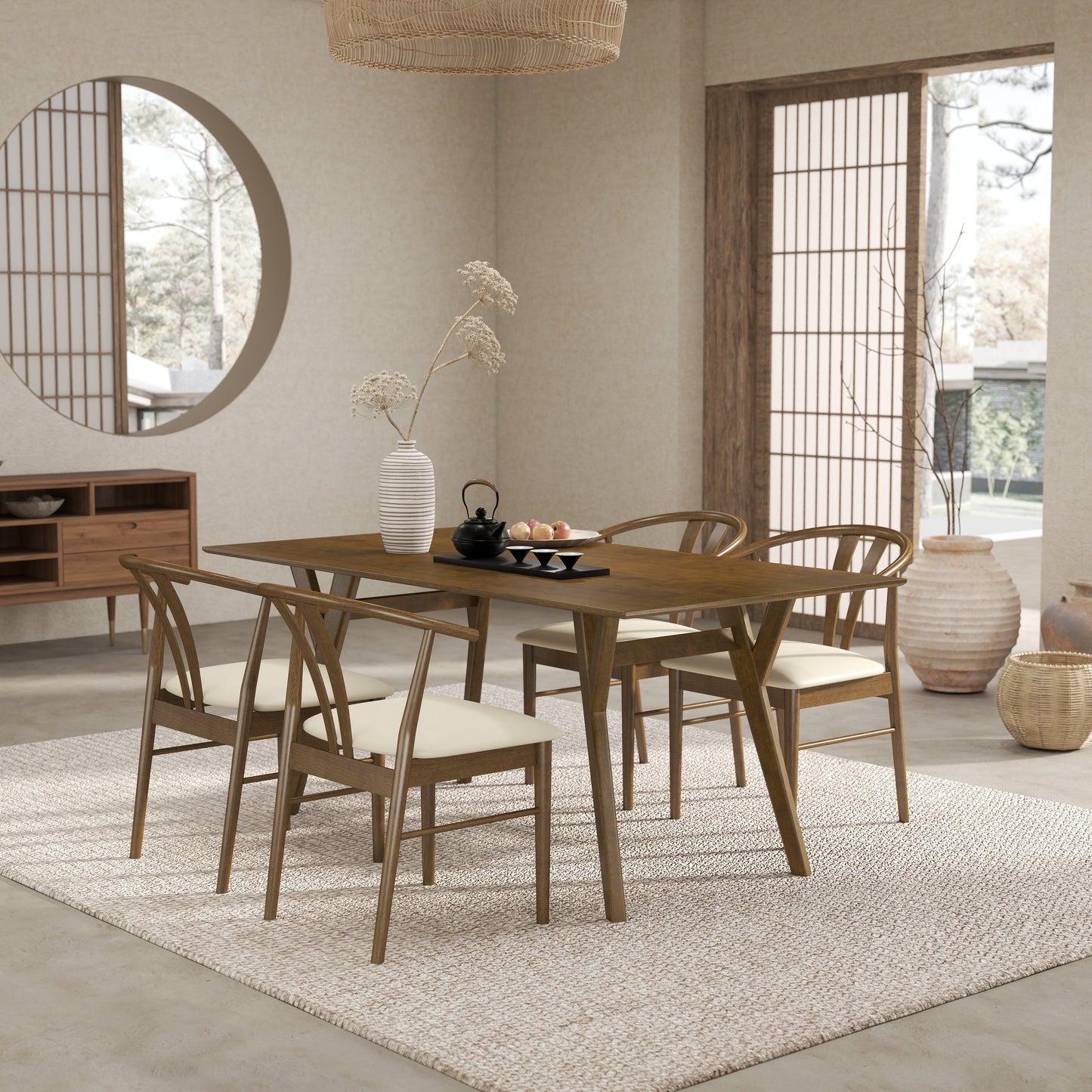 Roundhill Furniture Lavin Modern 5-Piece Dining Set, Walnut Finished Dining Table with 4 Wishbone Chairs