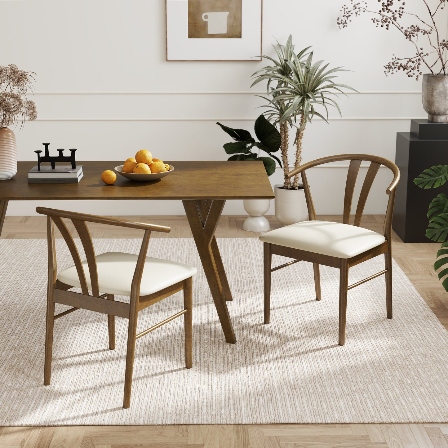 Roundhill Furniture Lavin Modern 7-Piece Dining Set, Walnut Finished Dining Table with 6 Wishbone Chairs