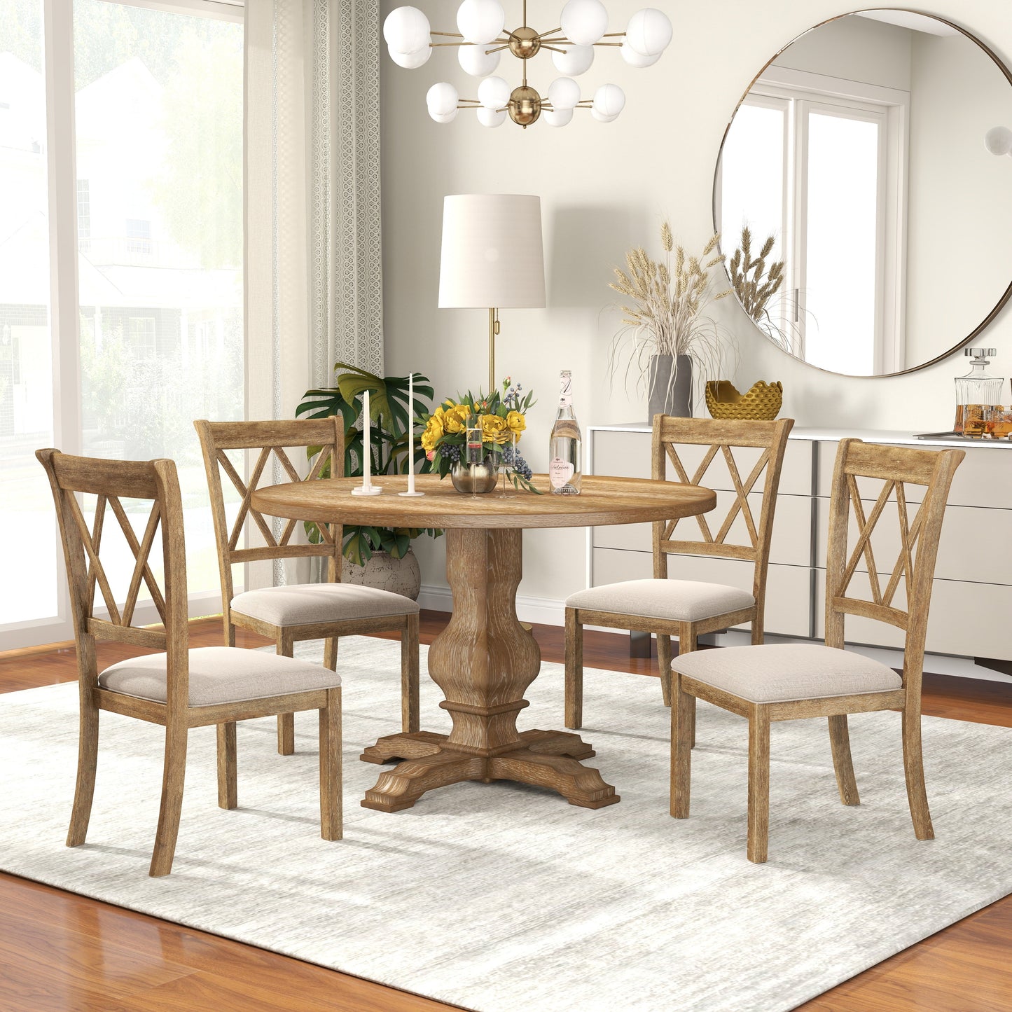 Havre 5-Piece Dining Set, Pedestal Round Table with 4 Stylish Chairs