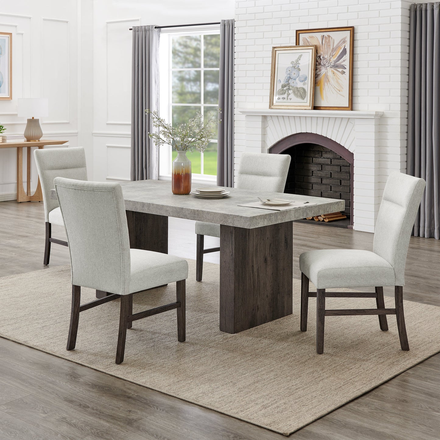 Roundhill Furniture Sorlen Modern 5-Piece Dining Set, 3D Faux Concrete Table with 4 Chairs