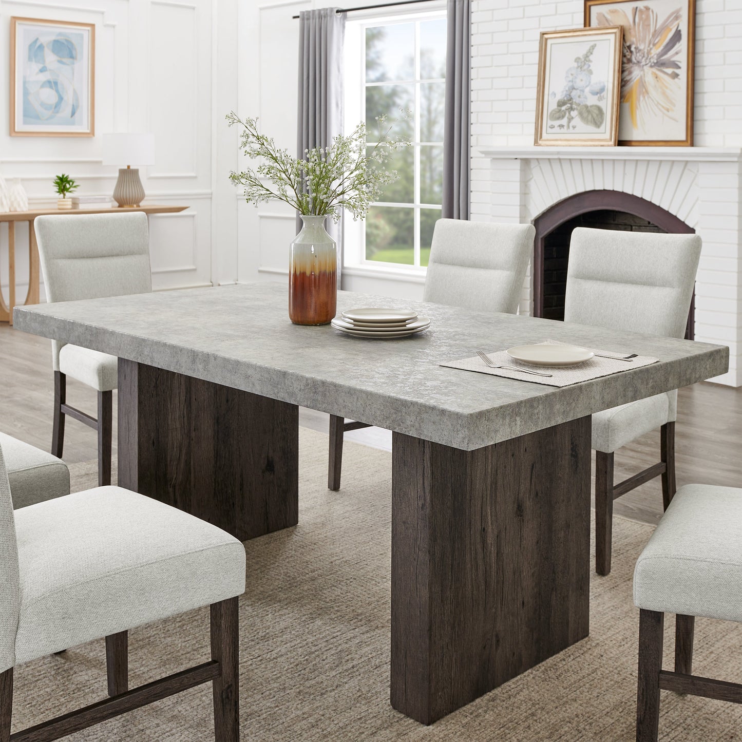 Roundhill Furniture Sorlen Modern 5-Piece Dining Set, 3D Faux Concrete Table with 4 Chairs