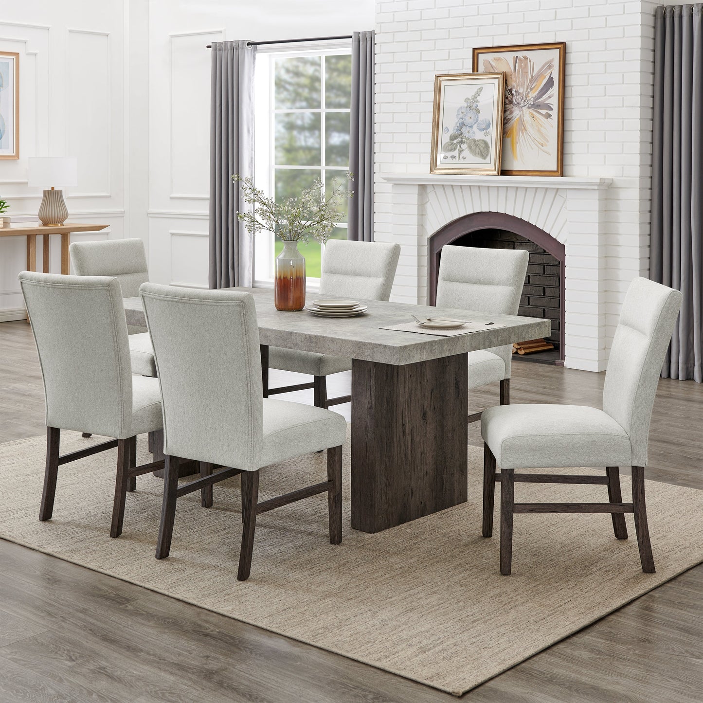 Roundhill Furniture Sorlen Modern 7-Piece Dining Set, 3D Faux Concrete Table with 6 Chairs