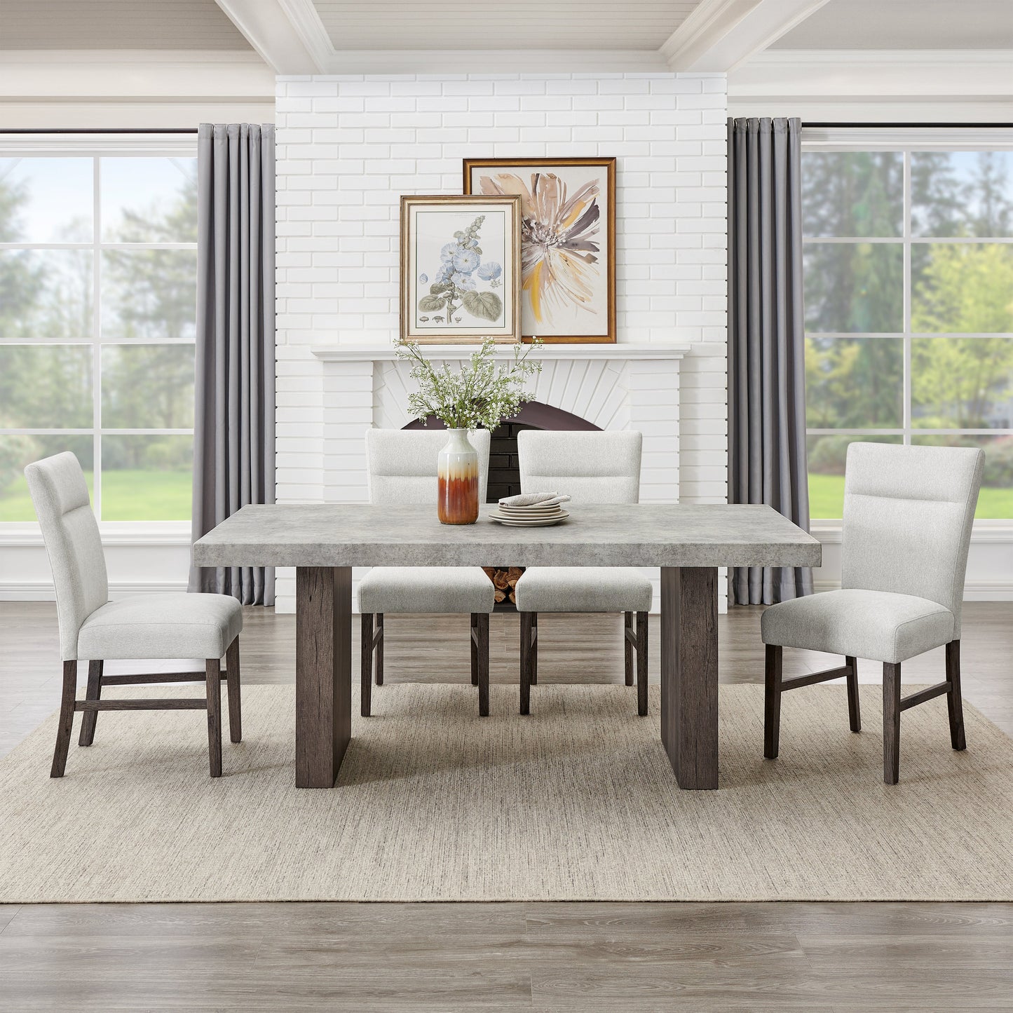 Roundhill Furniture Sorlen Modern 7-Piece Dining Set, 3D Faux Concrete Table with 6 Chairs
