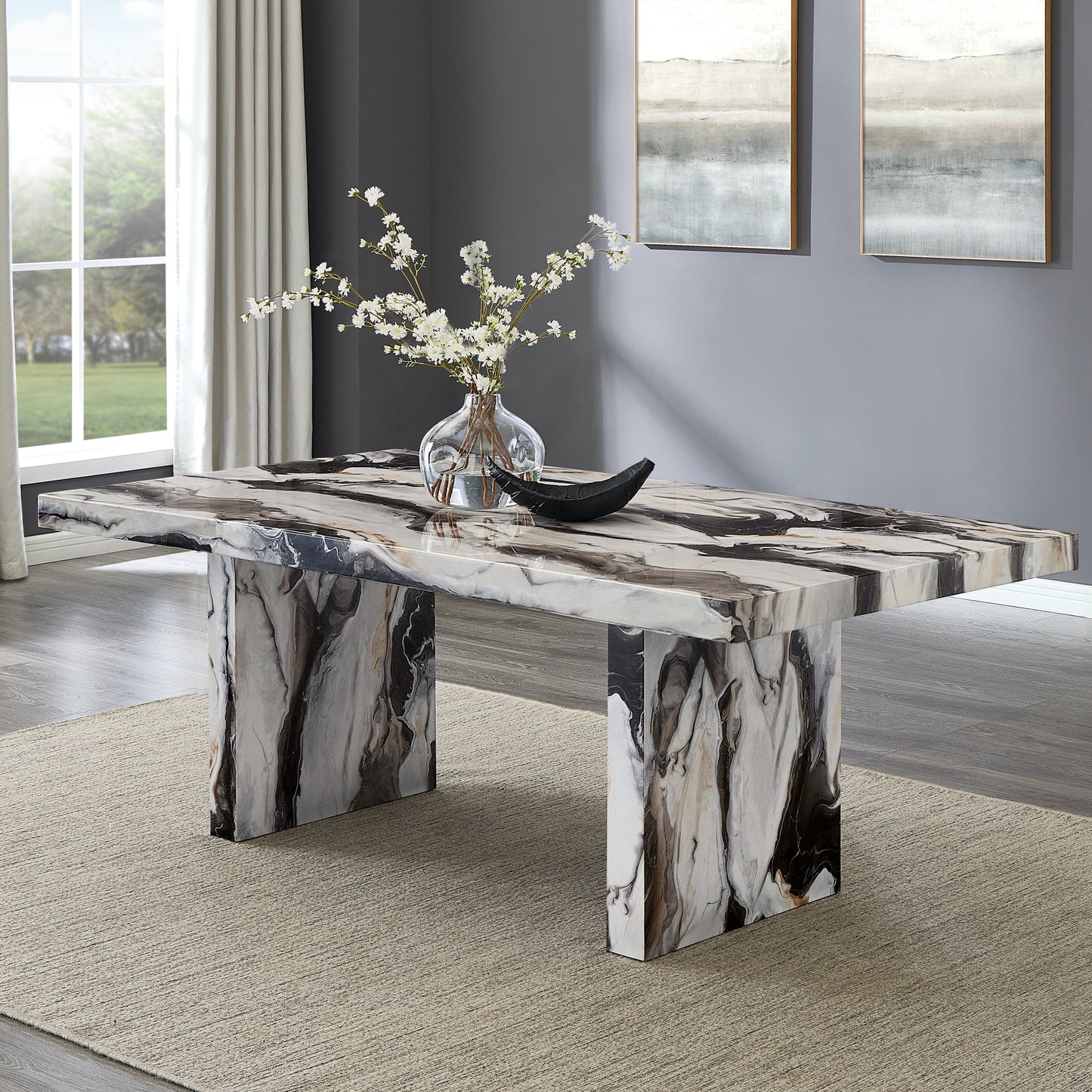 Roundhill Furniture Cavira Modern Faux Marble Dining Table with 4 Chairs and Bench