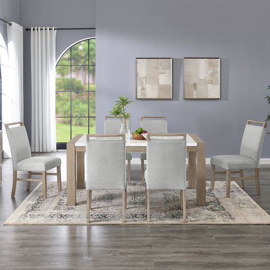 Roundhill Furniture Zelalle 7-Piece Dining Set, Table with 6 Chairs, White Wired-Brushed Finish