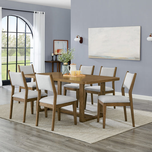 Roundhill Furniture Parker 7-Piece Dining Set, Trestle Dining Table with 6 Stylish Chairs, Light Oak