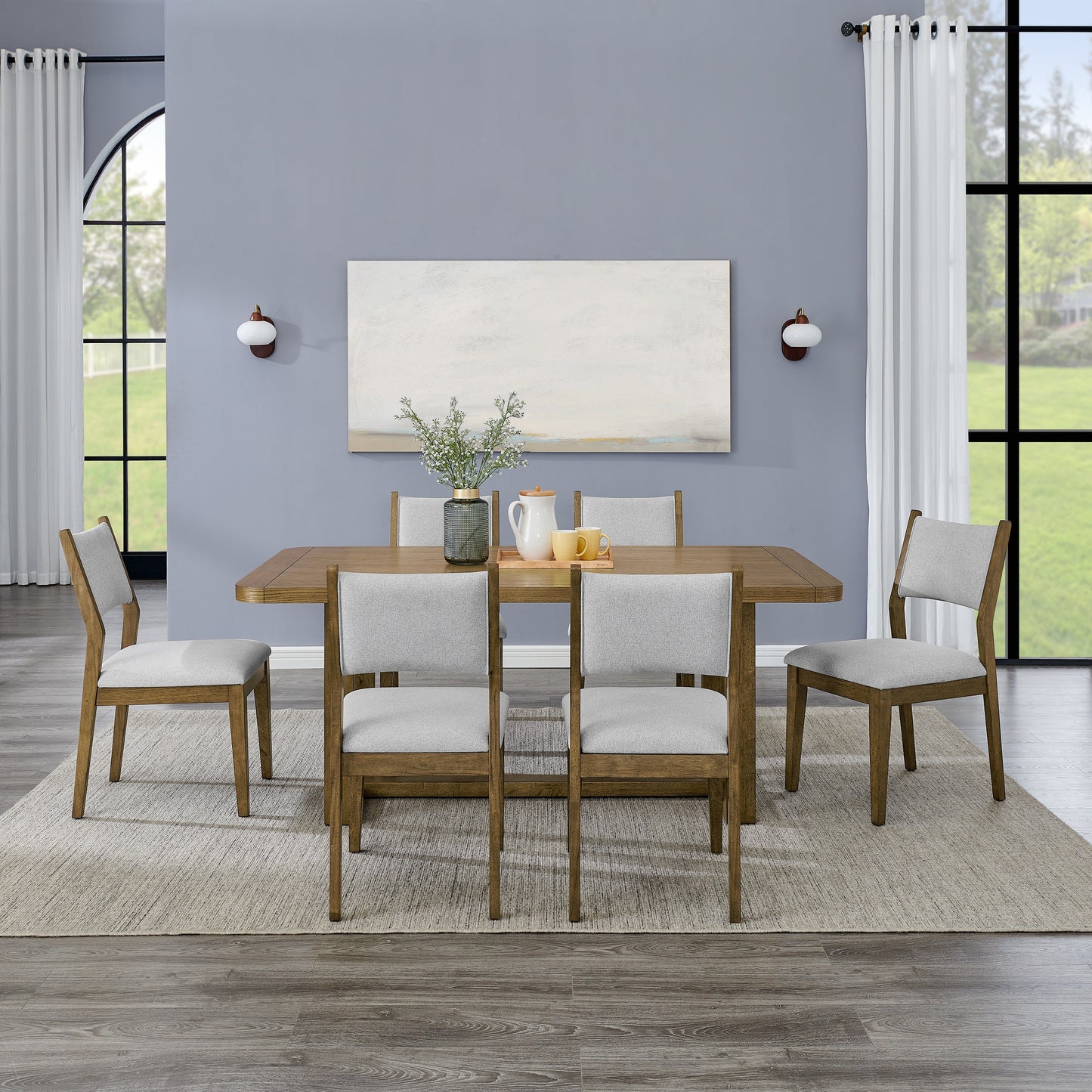 Roundhill Furniture Parker 7-Piece Dining Set, Trestle Dining Table with 6 Stylish Chairs, Light Oak