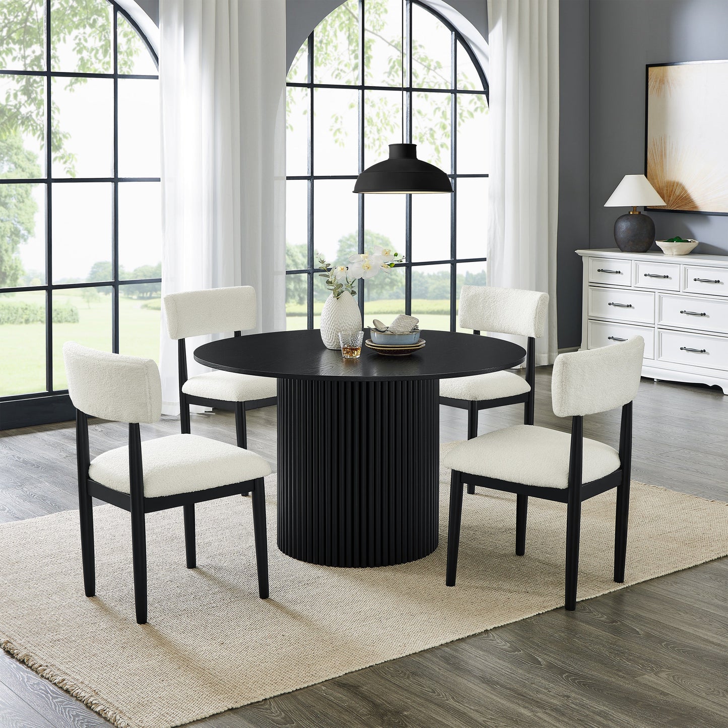 Roundhill Furniture Henriet 5-Piece Round Dining Set, Pedestal Dining Table with 4 Stylish Chairs, Black