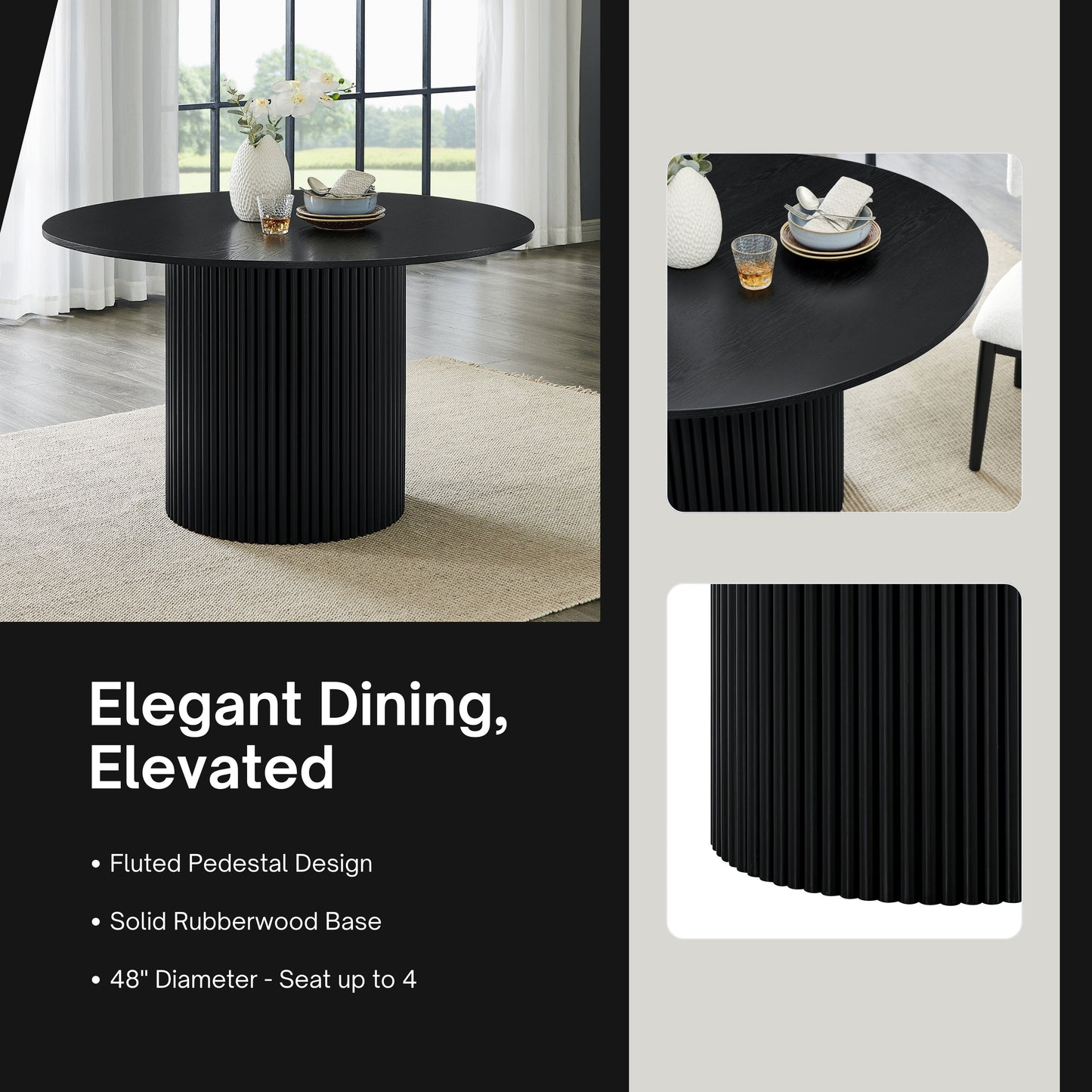 Roundhill Furniture Henriet 48" Pedestal Base Round Dining Table, Black