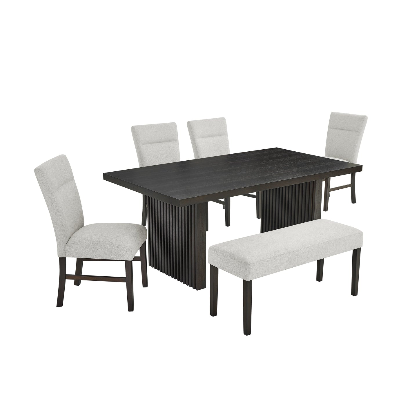 Roundhill Furniture Madison 6-Piece Dining Set, Slat-Fluted Dining Table with 4 Chairs and Bench, Gray