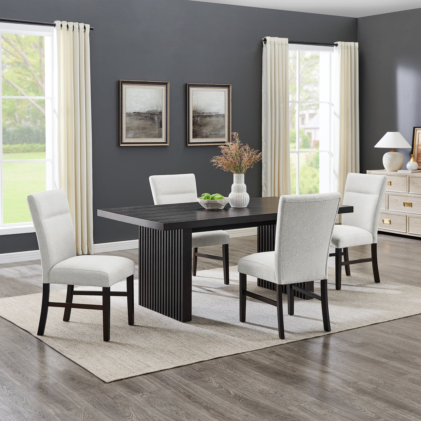 Roundhill Furniture Madison 5-Piece Dining Set, Slat-Fluted Dining Table with 4 Stylish Chairs, Gray